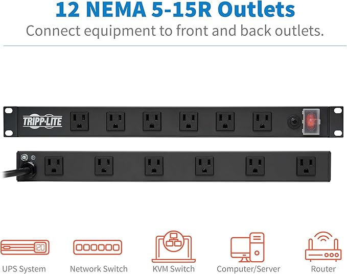 Tripp Lite 12-Outlet Rack Mount Power Strip PDU, Six Front & Six Rear Facing Outlets, 15A, 120V, 15ft Cord with Right-Angle Plug, Horizontal 1U Rack Mount, Black