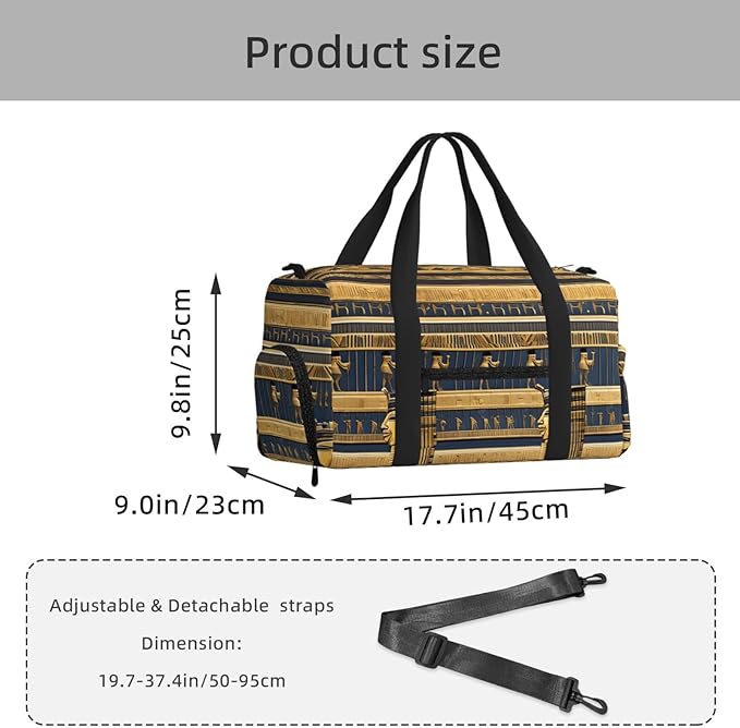 Egyptian Pharaonic Frescoes Print Gym Bag with Shoe Compartment for Women Men, 17.7in Sports Duffle Weekender Tote, Overnight Travel Duffel Bag Carry On