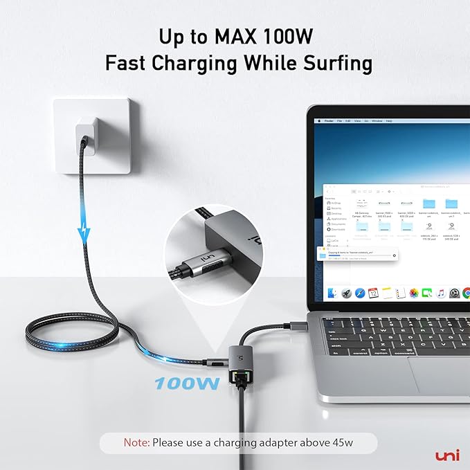 uni USB C to Ethernet Adapter with 100W Charging Port, RJ45 to USB C 1Gbps Type-C Gigabit Ethernet LAN Network Adapter Power Delivery PD for Laptop, MacBook Pro/Air, Dell XPS, Chromebook, Surface book