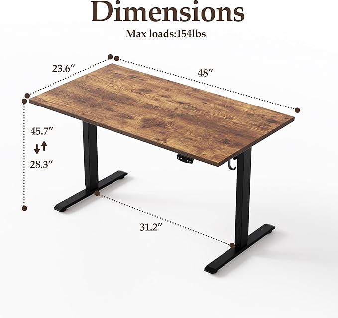 Klicelor Electric Standing Desk 48 Inch, Height Adjustable Desk for Home Office, Sit Stand Up Rising Computer Table with Memory Preset, Rustic Brown