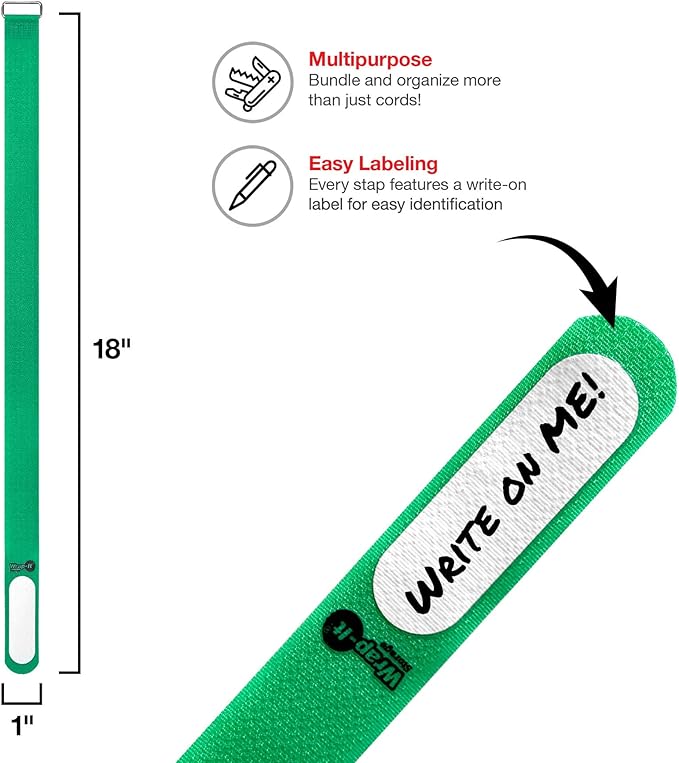 Wrap-It Storage Cinch-Straps, 18" 12 Pack (Green), Features Buckle and Write on Label for Easy Cord Identification and Cable Management, Reusable Multi-Purpose Securing Cinch Straps