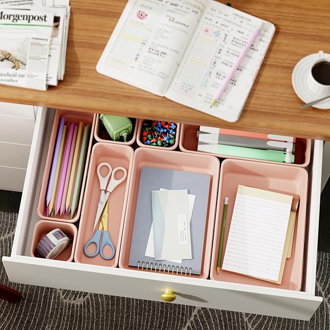 45 Pack Pink Plastic Drawer Organizer Trays - 3-Size Storage for Kitchen, Bathroom, Office, Vanity, Makeup, Utensils, Junk Drawer Organizer Bins, Gadget Trays