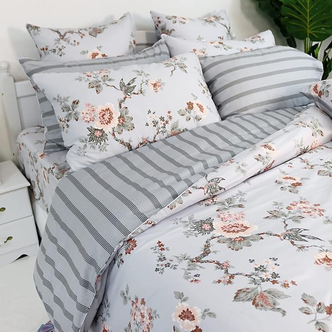 FADFAY Duvet Cover Set Queen Elegant Floral Bedding Shabby Grey Bird Print Flower Quilt Cover Set Vintage Farmhouse Bedding 100% Cotton Soft Comforter Cover Set with Zipper Closure 3Pcs, Queen Size