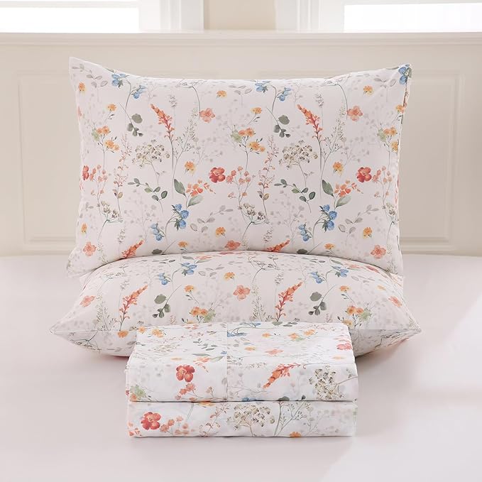 Zusbest Floral Bed Sheets Full Size Percale Cotton Orange Blue Flower Sheets Set Green Botanical Printed on White Patterned Deep Pocket Sheets, Crisp Soft Breathable for Hot Sleepers, 4 Pcs, Full