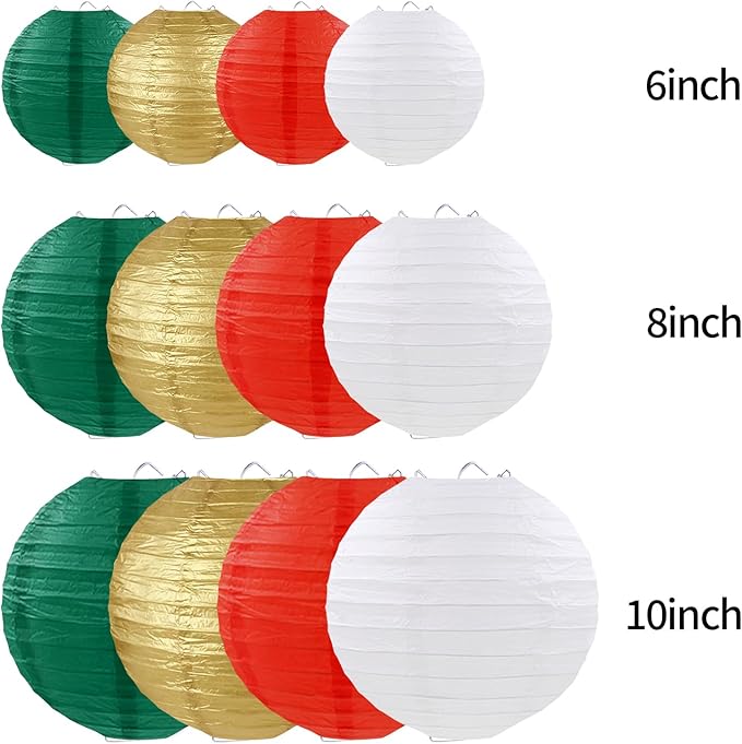 Christmas Paper Lanterns Red Green White Gold Hanging Paper Lanterns for Birthday Wedding Festival Christmas Party Decorations (12 PCS)