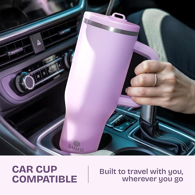 34HD 40 oz Stainless Steel Tumbler - Leakproof Insulated Water Bottle with Handle, Magnetic Lid and Flexible Straw - Iced for 48 Hours – Perfect for Men, Women, Birthday Gift, Purple - Lilac Bloom