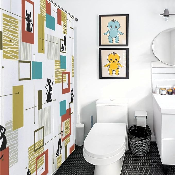 Mid Century Shower Curtain for Bathroom, Modern Black Cat Abstract Atomic Geometric Pattern Lovely Kittey Retro 1950s 1960s Waterproof Fabric Shower Curtain Set with Hooks,72"x72" Inch