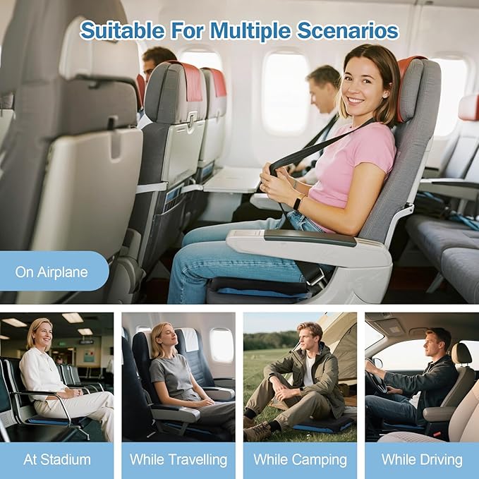Self-Inflating Airplane Seat Cushion for Long Flights – Portable Travel Cushion Airplane Seat - Memory Foam Travel Seat Cushion Providing Pressure Relief (Black, 18.5" x 15" x 2.2")
