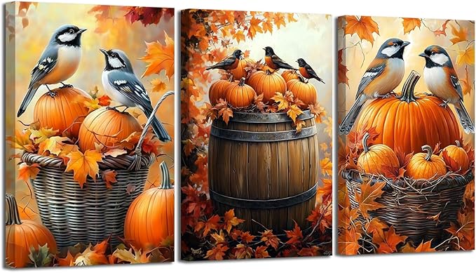 YMXDYMJSW Autumn Wall Art 3 Pieces Pumpkin with Sparrows Picture Prints Fall Harvest Birds Canvas Painting Thanksgiving Theme Artwork for Farmhouse Decor Frame (Yellow,11.00" x 14.00" x 3PCS)