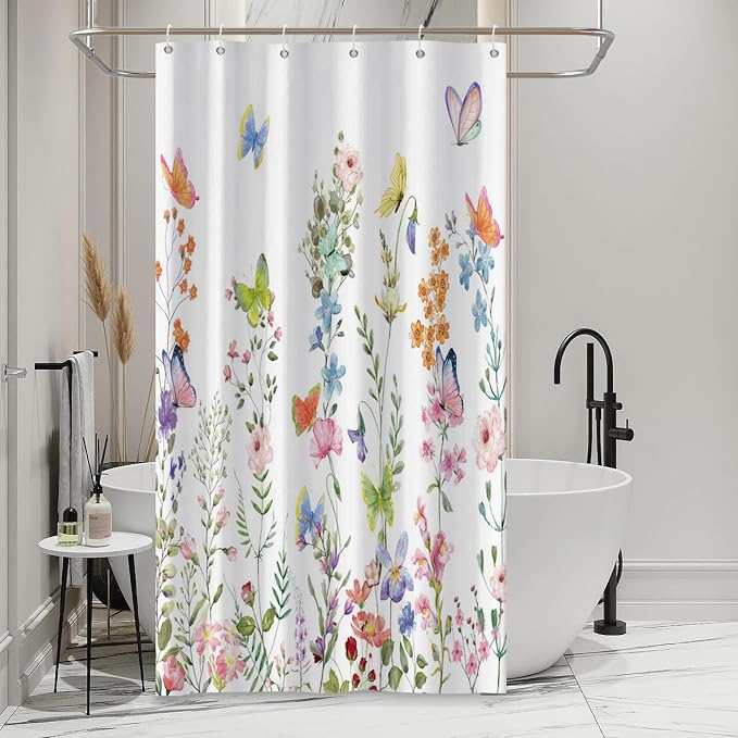 Spring Floral Butterfly Shower Curtain Summer Colorful Wildflowers Botanical Shower Curtain for Rustic Vintage Bathroom Decor Easter Shower Curtain Set 54x72 Inches