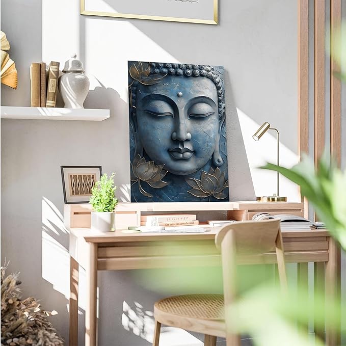 Canvas wall art Golden lotus crown Serene Buddha poster Ethereal blue toned art with delicate floral decor Zen wall art for a tranquil meditation space 8x12in Wood Framed