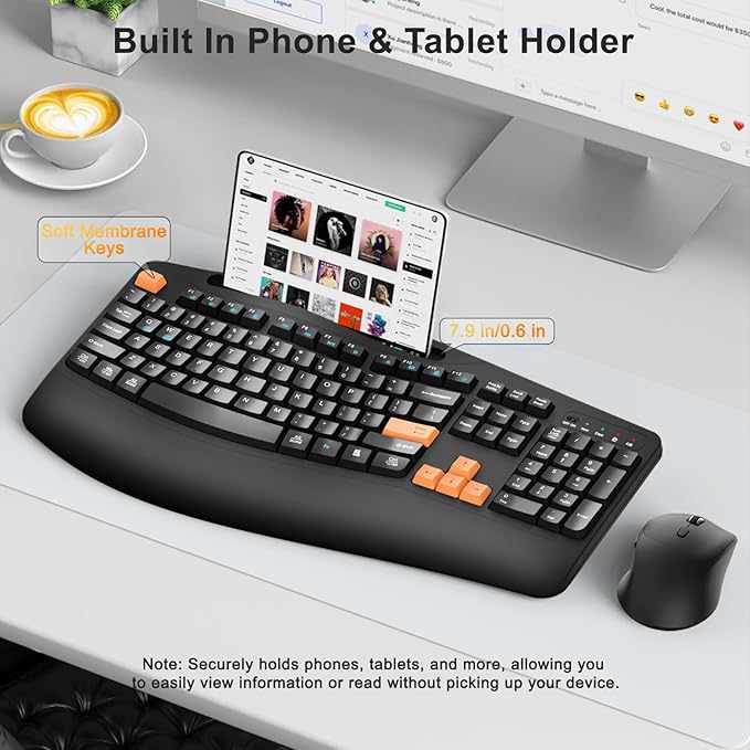 Wireless Keyboard and Mouse Combo, 2.4G Full Size Wave Keys Ergonomic Keyboard with Wrist Rest, Phone Holder, 3-Level DPI Wireless Silent Mouse with 6-Buttons, for Windows/Mac OS/Laptop(Orange Black)