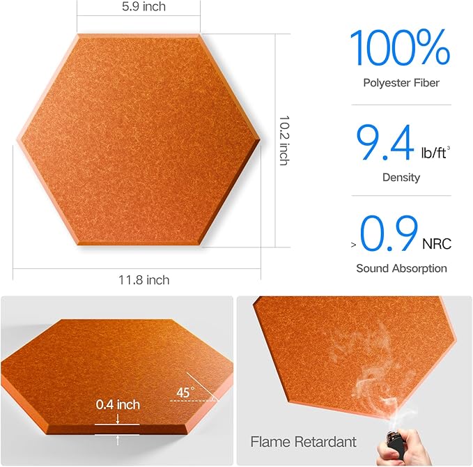 12 Pack Self-Adhesive Acoustic Panels 12" X 10" X 0.4" - Sound Proof Foam Panels with High Density, Stylish Hexagonal Design, Flame Resistant, Absorb Noise and Eliminate Echoes(Tangerine)