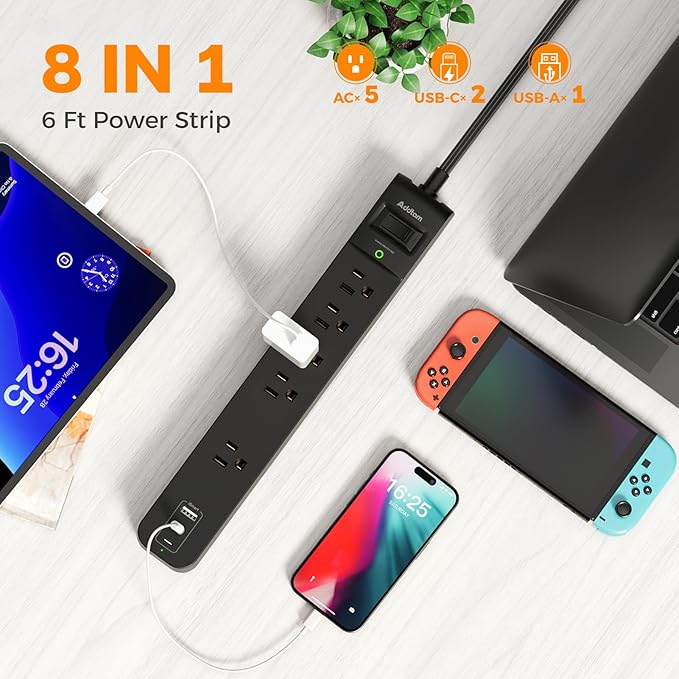 6Ft Power Strip Surge Protector - Addtam Extension Cord with 5 AC Outlets 3 USB Ports(2 USB C), 1875W/15A, Flat Plug, Outlet Extender for Home Office Supplies College Dorm Room Essentials,ETL Listed