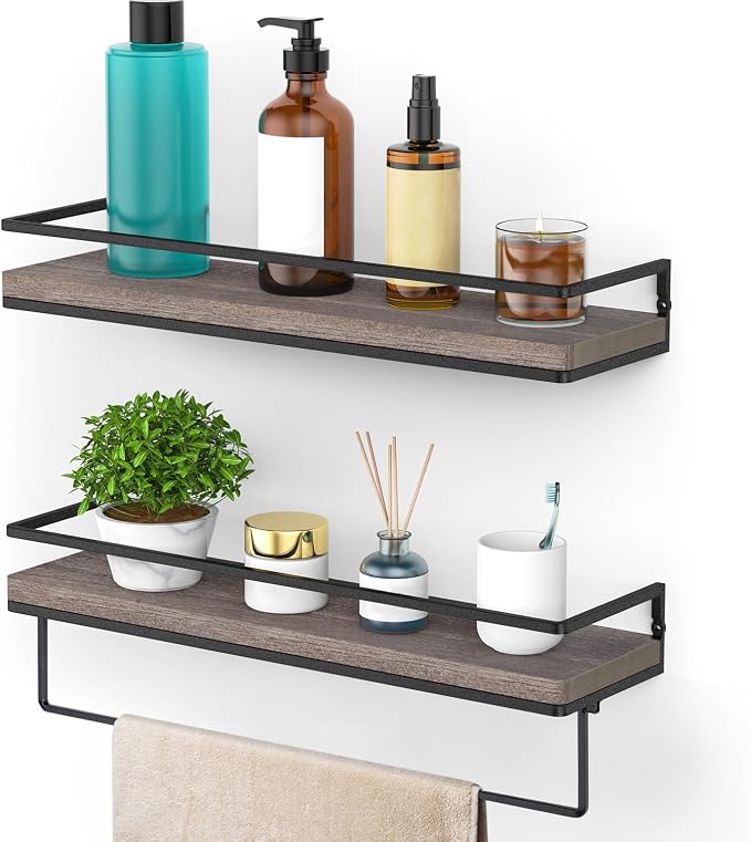 Meangood Floating Shelves Wall Mounted, Wall Shelf with Towel Bar Rustic Wood Wall Storage Shelves for Bedroom,Living Room,Bathroom, Kitchen (Set of 2/Brown)