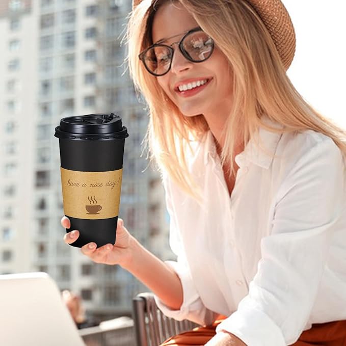 Lamosi 20 oz Disposable Coffee Cups with Lids 50 Pack, Hot Paper To Go Cups with Lids, Stir Sticks and Sleeves, for Home, Travel, Office