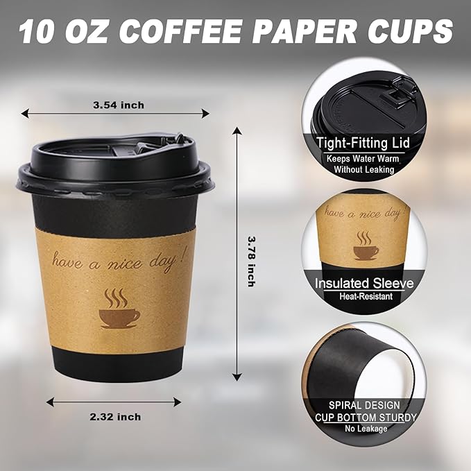 Lamosi 10 oz Coffee Cups with Lids 100 Pack, Disposable Coffee Cup with Stir Sticks and Sleeves, To Go Hot Paper Cup for Home, Travel, Office
