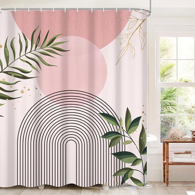 Boho Mid Century Shower Curtain, Pink Modern Minimalist Abstract Geometric Green Gold Plant Leaves Sun Arch Bathroom Curtains Waterproof Fabric Buthtub Curtain Set with Hooks 72" Wx84 L