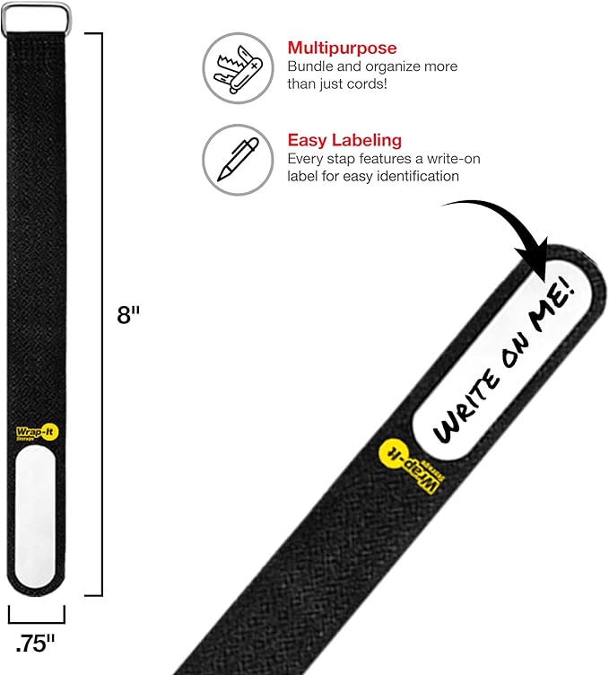 Wrap-It Storage Cinch-Straps, 8-in (18-Pack) Black - Hook and Loop Strap with Write on Label for Easy Cord Identification and Cable Management