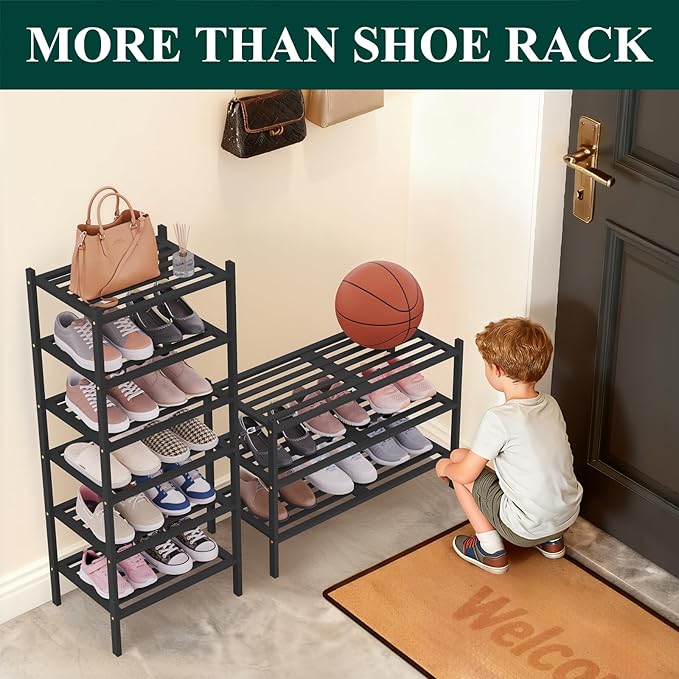 Smiry Bamboo Shoe Rack 3-Tier, Stackable Wooden Shoe Organizer for Entryway & Closet, Free Standing Wood Shoe Storage Shelf for Front Door & Small Spaces, Black