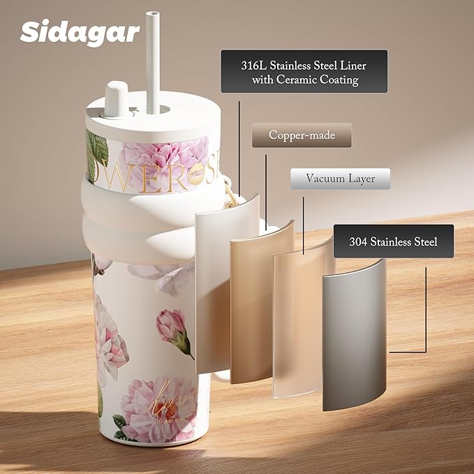24 oz Stainless Steel Tumbler with Lid and Straw, Insulated Coffee Mug, Leak Proof, Portable Iced Travel Water Bottle, Reusable Thermal Coffee Cup, Floral White