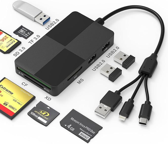 Memory Stick Pro Duo Adapter for iPhone/USB C/PC - 8 in 1 SD/TF/CF/MS/XD Picture Card Reader & 3 USB 2.0, Multi Memory Card Reader USB C Lightning OTG Adapter Memory Stick pro Duo Reader for iPhone