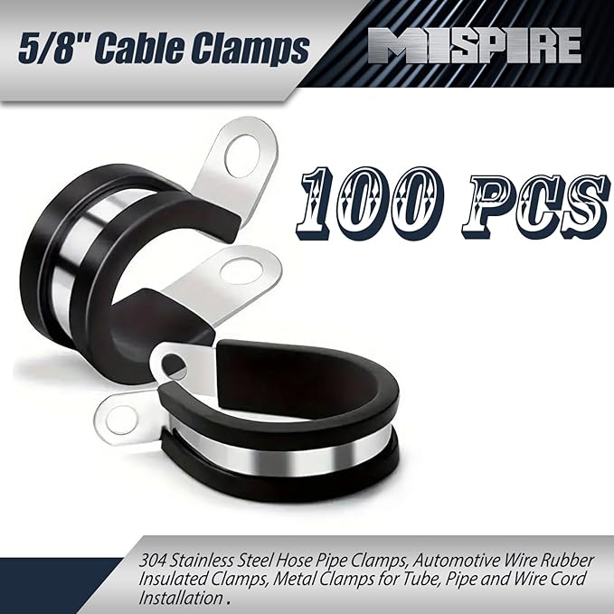 MISPIRE 5/8 Inch Rubber Cable Clamps, 100 PCS, Stainless Steel, Black