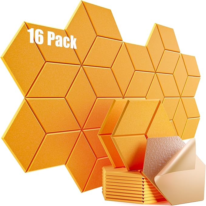 16 Pack Self-adhesive Acoustic Panels 12" X 10" X 0.4" -Sound Proof Foam Panels for wall with High Density, Y-Lined Design, Flame Resistant, Absorb Noise and Eliminate Echoe(Orange Yellow)