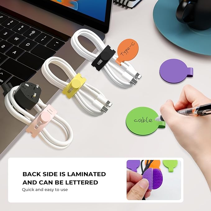 36-Pack Silicone Cable Ties and Cable Labels Sets, 24 Silicone Cord Ties+12 Identification Cord Labels，Reusable Wire tie and Wire Tags for Cable Management (Multi-Colored)