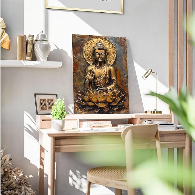 Buddha Wall Art Golden Buddha in Lotus Seat Serene spiritual statue radiant aura Meditation and mindfulness wall art suitable for sacred spaces 32x48in Frameless