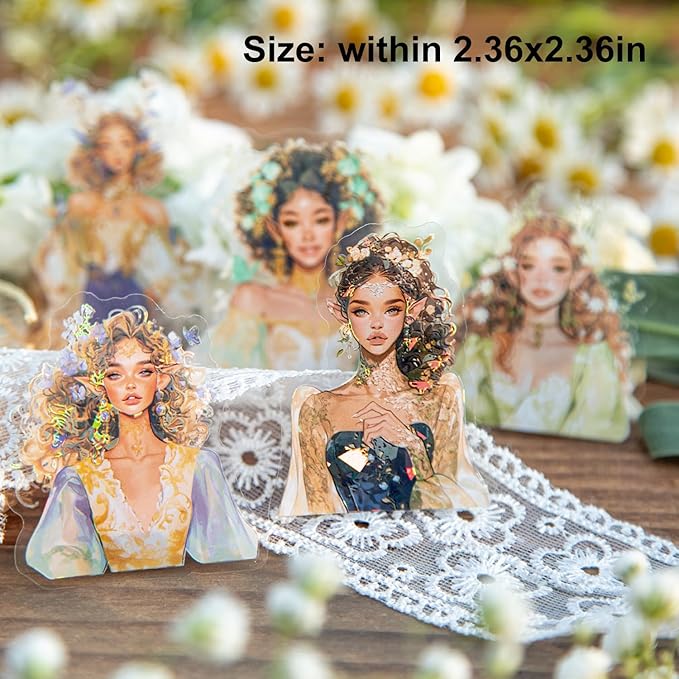 AuriicLeaf Spring Flower Girls PET Stickers Set, 60Pcs Fairy Character Stickers with Holographic Effect for Journaling, Scrapbooking, and DIY Crafts