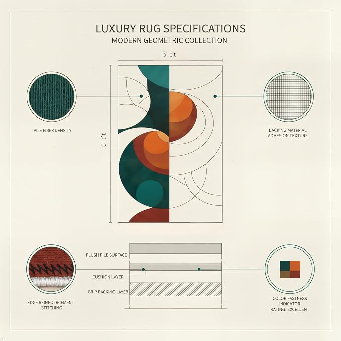 Mid Century Geometric Area Rug 5x6 – Retro Abstract Circle Pattern Rug for Living Room & Bedroom, Low Pile Washable Indoor Rug with Non-Slip Backing