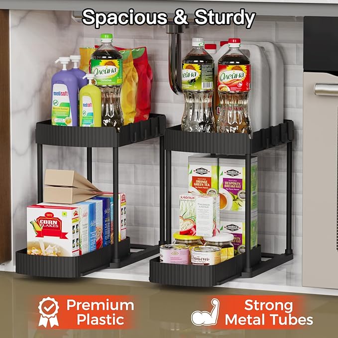 2 Pack Multi-Purpose Pull-Out Storage Organizers, Under Sink Organizers and Storage for Bathroom & Kitchen, Under Cabinet Organizers and storage, 14.8 Inch, Black