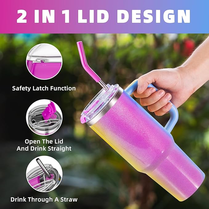 40 oz tumbler with handle and straw,Double Wall Vacuum Reusable Stainless Steel Insulated Water Bottle,With Leak Proof lid and Straw for Iced or Cold Beverages (Carnival)