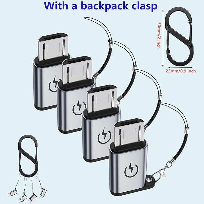 Micro USB to USB C Adapter (4 Pack),Type C Female to Micro Male Conversion Connector,with Lanyard Keychain,Compatible with Samsung Galaxy S7/S7 Edge,Micro USB Devices (Gray)
