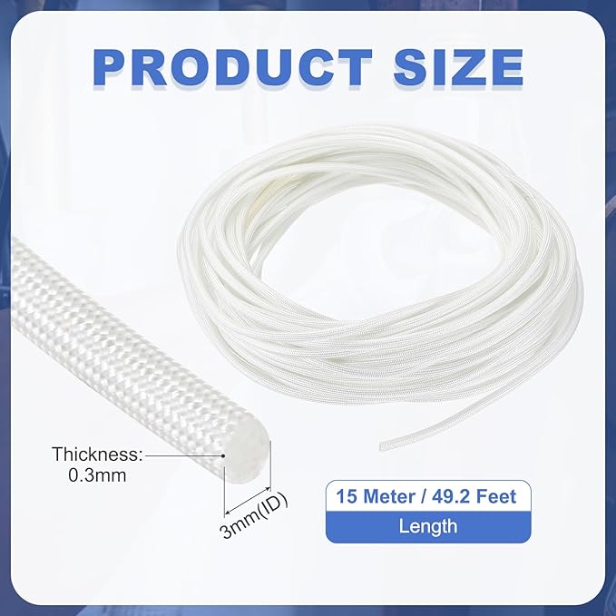 uxcell Insulation Cable Protector,3mm/0.12 Inch-15m/49 Feet High Temp Fiberglass Sleeve White