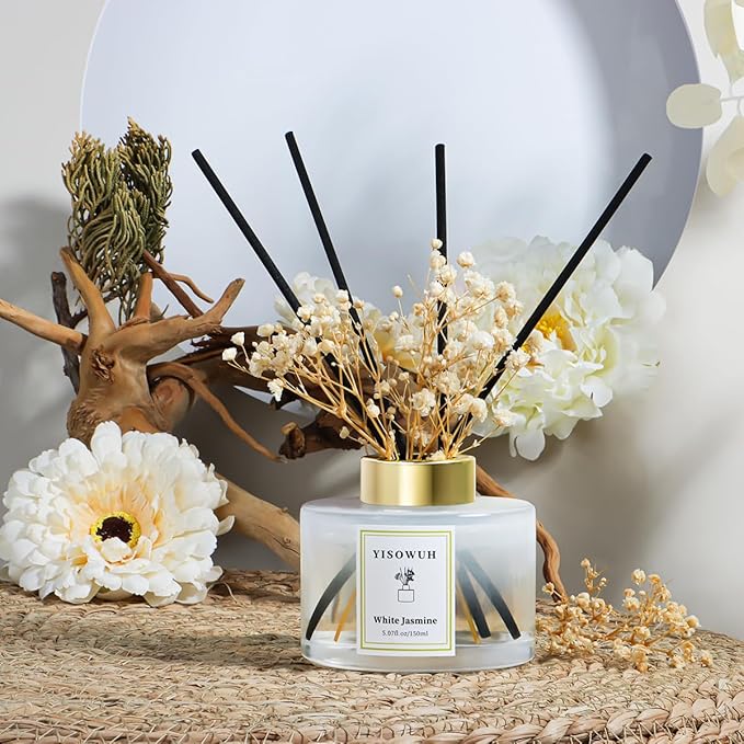 YISOWUH Reed Diffuser Set,5.07 fl oz (150 ml) - White Jasmine Oil Diffusers with 8 Reed Sticks,Home Fragrance Reed Diffuser for Bathroom Shelf Decor