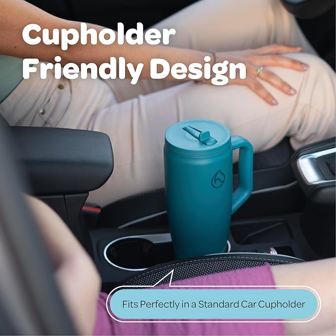 Hydracy Soulmate Insulated Tumblers with Handle and Stainless Steel Straw - 100% Leakproof Reusable Insulated Cup - Cupholder Friendly Rubber Base Travel Mug - Twilight Teal