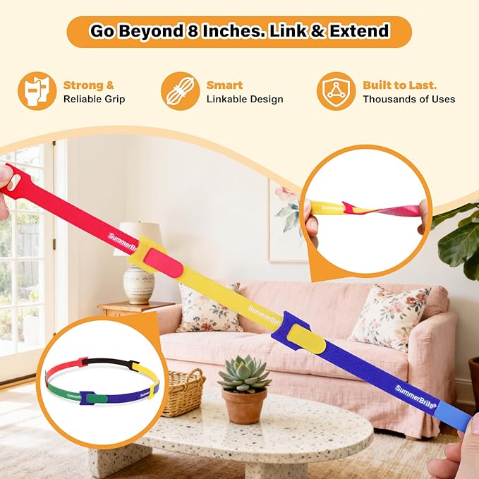 70 Pack Assorted Cable Ties (4, 6, 8 Inch) Multi-Color with Writable Labels, Reusable Cord Organizer Straps, Hook & Loop Wire Management for Electronics, Home Office, PC Desk & Travel
