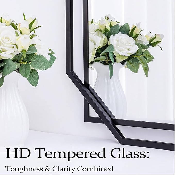 55"x28" Black Large Decorative Bathroom Wall Mirror for Wall with Metal Frame, Modern Octagonal Horizontal Mirror for Living Room, Bedroom, Entryway