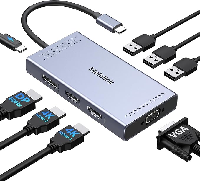 USB C Docking Station Dual HDMI Monitor Adapter, Melelink USB C Hub 3 Monitors Adapter with 2x HDMI 4K,Displayport,VGA,100W PD Charging,3 USB2.0, 8 in 1 Laptop Docking Station for Dell, HP, Lenovo,etc