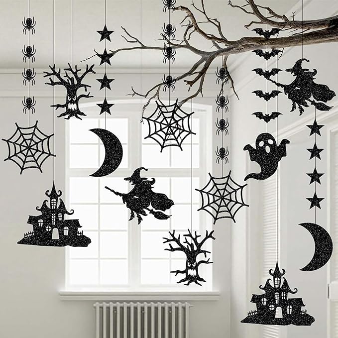 Halloween Black Creepy Vintage Party Decorations - 12Pcs Hanging Streamers Garland,Bat Witch Spider Swirl Ceiling Outdoor Indoor Wall Decor Party Props,Porch Room Scary Supplies Hugtmr