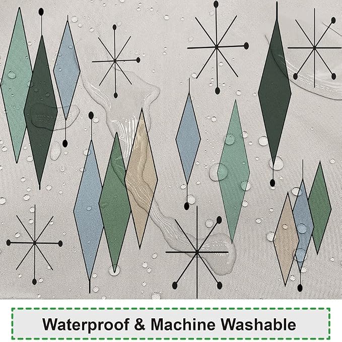 Mid Century Shower Curtain Modern Abstract Diamond Geometric Atomic Starburst Pattern for 1950s Retro Bathroom Decor Accessories Shower Curtain Set with 8 Hooks, 48x72 Inches