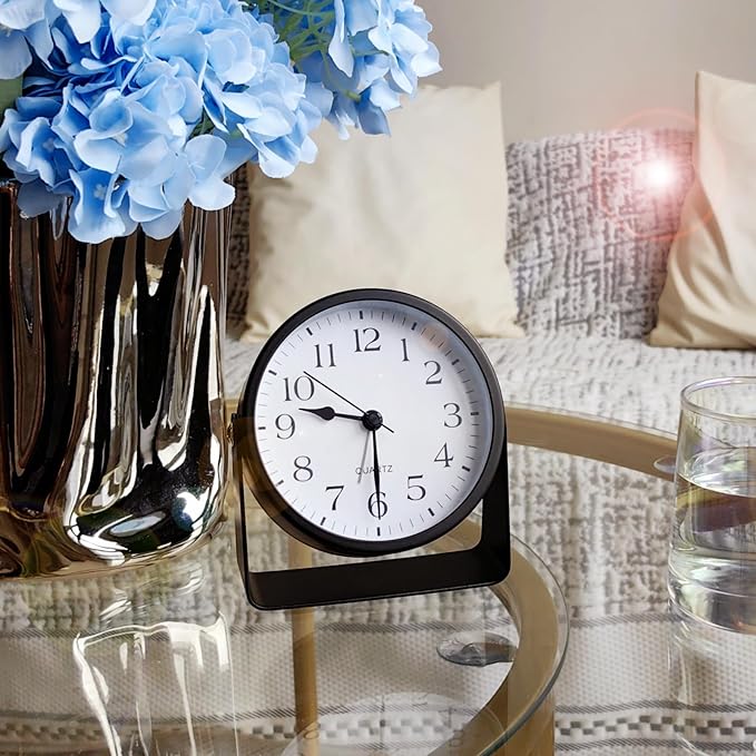 SCOAGE Small Luminous Desk Analog Alarm Clock Metal Bracket 360° Rotating Shelf Clock with Light Battery Powered Bedside Silent Cute Alarm Clock for Heavy Sleepers Elderly and Children Office Bathroom