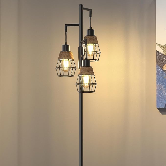 Oneach 68" Floor Lamps for Living Room, Stepless Dimmable Boho Floor Lamp with 3 Bulbs, Tall Farmhouse Industrial Corner Standing Tree Lamp for Bedroom, Office, Study Room, Dining Room, Black