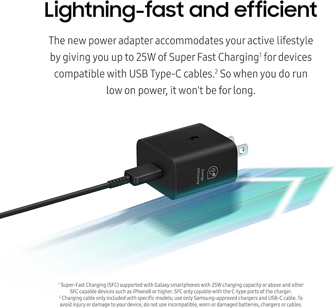 SAMSUNG 25W Wall Charger Power Adapter with Cable, Super Fast Charging, Compact Design, Compatible with Galaxy and USB Type C Devices, White