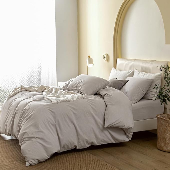 JIYUAN 100% Washed Cotton Duvet Cover Set 3 PCS Oversized King, 1 Duvet Cover 120"x98" (Comforter Not Included) and 2 Pillowcases,Linen Feel Bedding Set Comfy and Breathable, Heathered Cream Grey