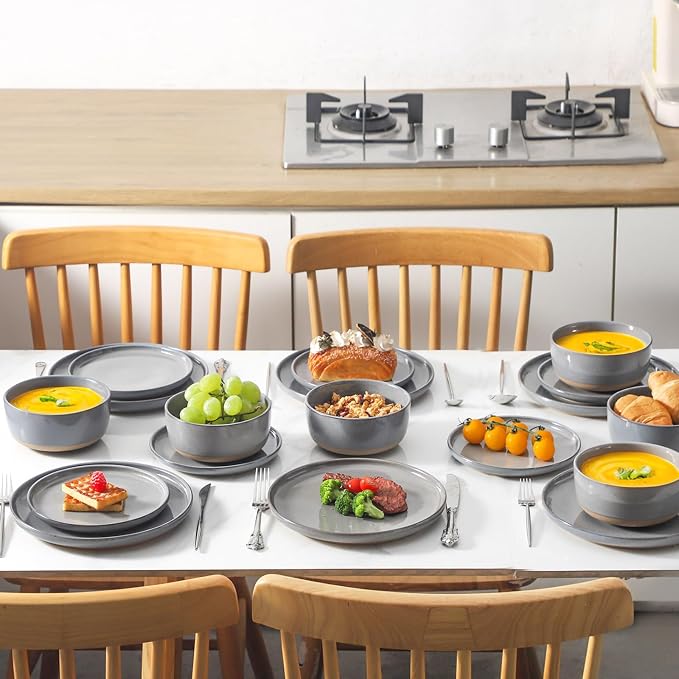 HASENSE Stoneware 18 Pieces Plates and Bowls Sets, Porcelain Dinnerware Sets for 6, Ceramic Dishes Sets with Speckled Pattern, Scratch Resistant Microwave and Dishwasher Safe, Dark Gray