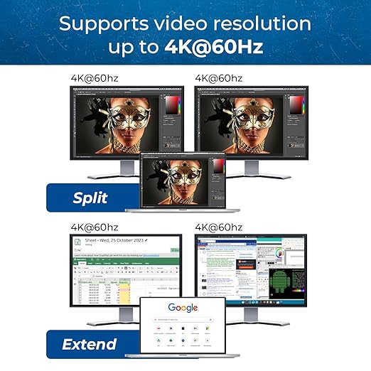 OREI SplitExtend 4K HDMI Splitter Extended Display for Dual Monitor - Multi-Monitor Display 3 Separate Screens - USB A & USB-C Adapter to HDMI 2.0, 4K@60hz, 90W PD Charger, DisplayLink MacOS, Windows