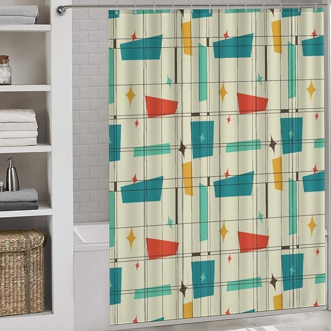 Geometric Shower Curtain for Bathroom, Pastel Mid Century Modern Abstract Geo Print Patterned Retro Style Teal Turquoise Waterproof Fabric Shower Curtain Set with Hooks, 72"x72" Inch